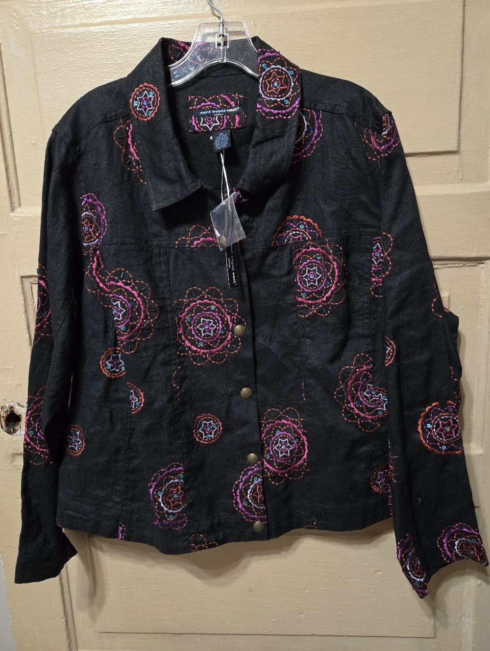 Saint Tropez West 100% Linen Embroidered Black Pink Utility Jacket NWT Size: 2X